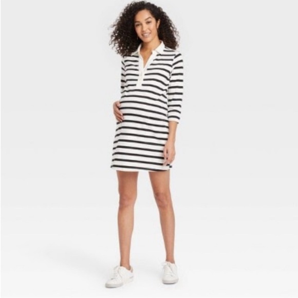 The Nines by Hatch Black and White Stripe Long Sleeve Mini Dress - Picture 1 of 7